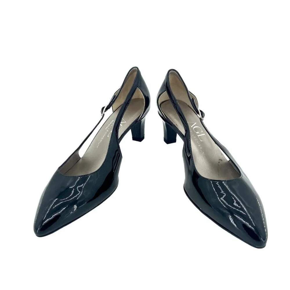 AGL Attilio Giusti Leombruni Black Patent Leather Cut-out Pump 37.5 EU $325